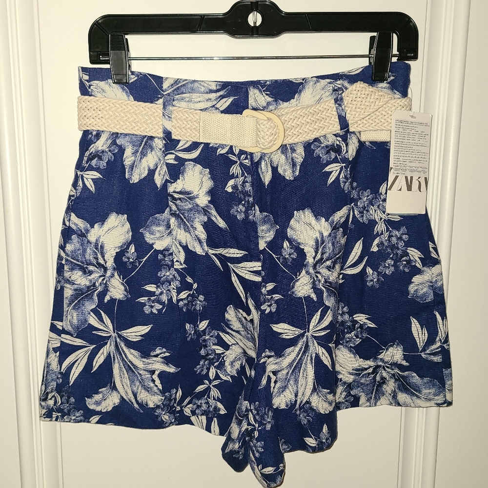 NWT ZARA Belted Linen Blend Blue Floral High Rise Shorts